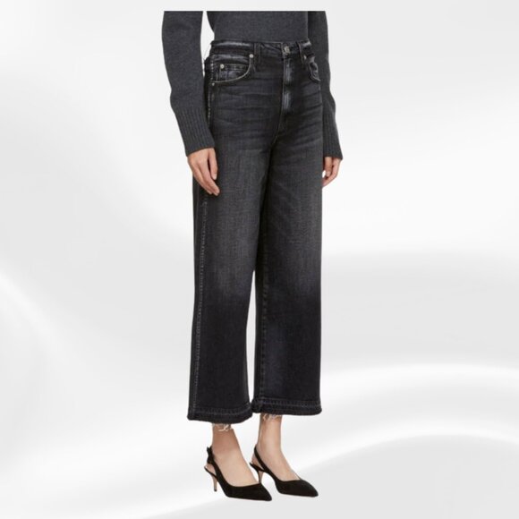 AMO AVA Crop Jeans 29 Raven Black Raw Hem Frayed High Rise Denim USA Made - Picture 3 of 17